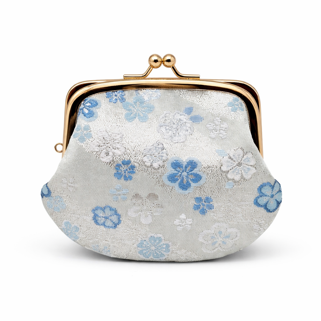 Kyoto Handmade Coin Purse – Silver with Blue Flowers