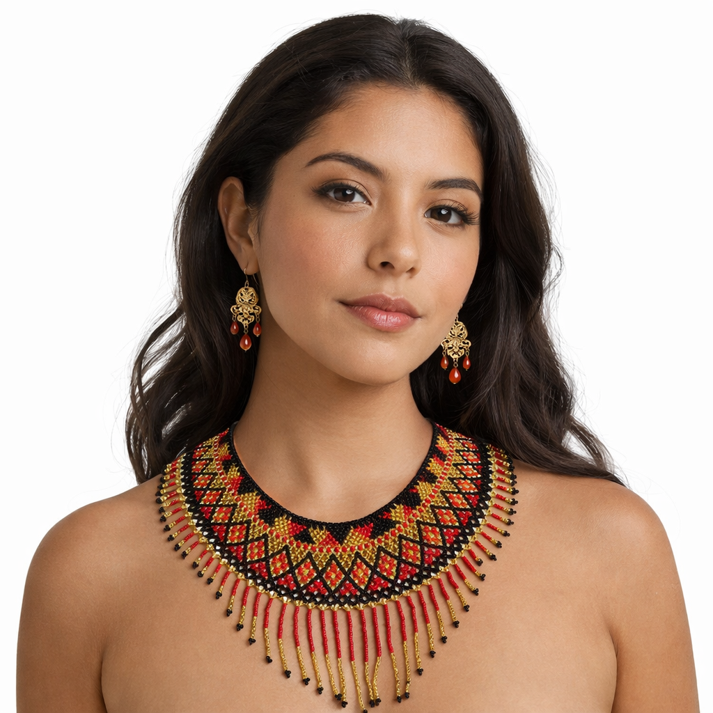 Huichol Red Beaded Choker with Fringe