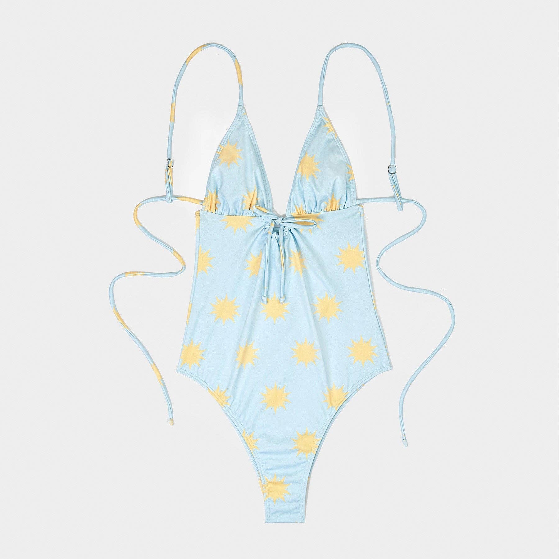 Light Blue One-Piece Swimsuit with Yellow Sun Print