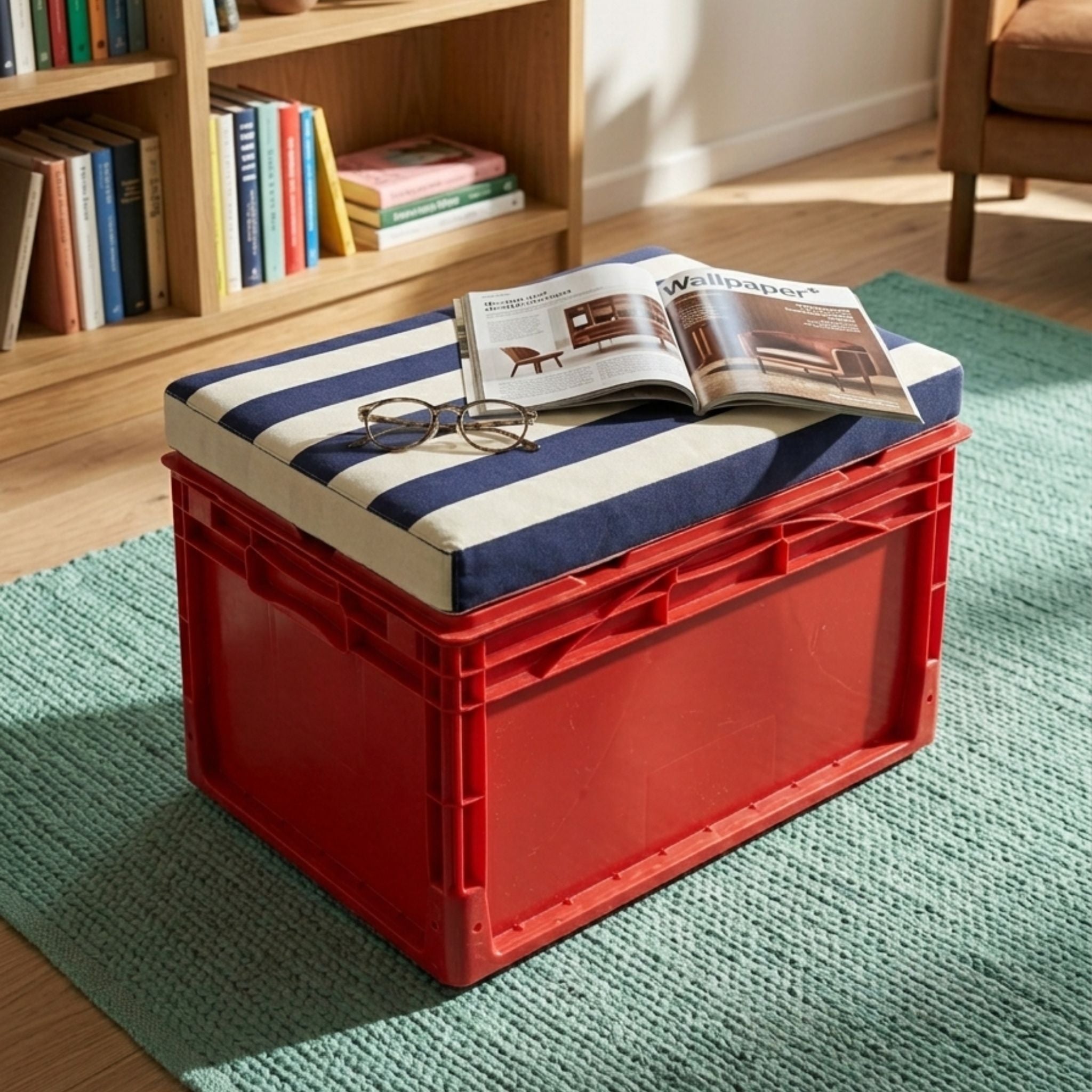 TUTTOAPOSTO - Red storage unit with striped cushion